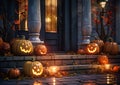 Front door stairs with scary pumpkins on spooky halloween night.Macro.AI Generative