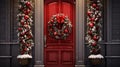 Front door to an English home painted red with a Christmas wreath, Xmas Garland