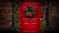 Front door to an English home painted red with a Christmas wreath
