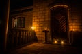 Front door to a house decorated with Halloween pumpkin. Halloween pumpkin on a door steep Royalty Free Stock Photo