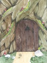 The front door to the hut. Fabulous scary atmosphere. Moss, roots and fly agaric. Made with watercolors and liner. All made from Royalty Free Stock Photo