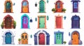 The front door will be a cartoon house entrance with brick jambs, a window, and a handle. A modern illustration set of a