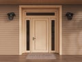 Front door of wooden house with welcome mat on the floor, entrance