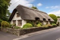 front elevation of a stone cottage, thatched roof, cobblestone driveway