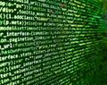 Front-end applications in the color concept. Programming, webdesign HTML printed code. Database bits access stream visualisation. Royalty Free Stock Photo