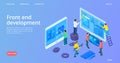 Front end development. Isometric interface development landing page. Vector site construction, web design banner