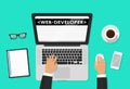 Front End Development, web application, website creating concept. Developer working at a laptop. Flat style and doodle Royalty Free Stock Photo