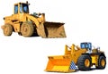 Front-end loader or all-wheel bulldozer isolated on white background. Heavy equipment machine and manufacturing equipment for open