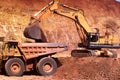 Front end loaders and dump trucks moving ore