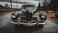 the front end of a vintage black car on a rural road Royalty Free Stock Photo
