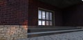 Front entrance to a contemporary high tech house. Concrete steps. Finishing the porch is a special red brick. Glare of dawn on the