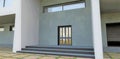 Front entrance to the contemporary minimalistic cottage. Concrete wall finishing. Wide comfortable steps. Heavy stone pavement