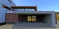 Front entrance to the house. Porch trim gray brick. Concrete stairs. Square block. Wide mirrored double doors. 3d render