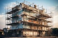 Front exterior view of net wrap scaffolding in front of building at construction site. Generative AI Royalty Free Stock Photo