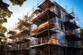 Front exterior view of net wrap scaffolding in front of building at construction site. Generative AI Royalty Free Stock Photo