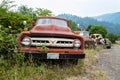 The front of a 1953 F600 Ford truck in a junkyard in Idaho, USA - July 26,2021 Royalty Free Stock Photo