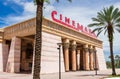Front facade of Cinemark Paradise 24 movie theater, flanked by palm trees - Davie, Florida, USA Royalty Free Stock Photo