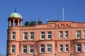 The front facade and copper domed tower of the derelict Royal Hotel in Bangor County Down