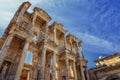The front facade and courtyard of the Library of Celsus at Ephesus is an ancient Greek and Roman structure. Reconstructed by Royalty Free Stock Photo
