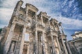 The front facade and courtyard of the Library of Celsus at Ephesus is an ancient Greek and Roman structure. Reconstructed by Royalty Free Stock Photo