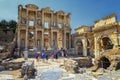 The front facade and courtyard of the Library of Celsus at Ephesus is an ancient Greek and Roman structure. Reconstructed by