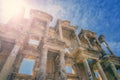 The front facade and courtyard of the Library of Celsus at Ephesus is an ancient Greek and Roman structure. Reconstructed by