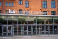 Front facade view of Linkoping University campus, red brick building in Norrkoping Sweden. Royalty Free Stock Photo