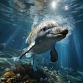 Front facing photo of white dolphin face swimming near sea surface