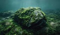 Front-facing underwater rock texture covered in thin algae layer, soft filtered light Royalty Free Stock Photo