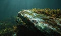 Front-facing underwater rock texture covered in thin algae layer, soft filtered light Royalty Free Stock Photo