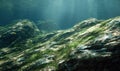 Front-facing underwater rock texture covered in thin algae layer, soft filtered light Royalty Free Stock Photo