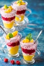 Mango raspberry layered dessert glasses. Royalty Free Stock Photo