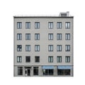 Modern Grey Brick Apartment Building with Blue Striped Awnings on White Background residential Royalty Free Stock Photo