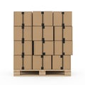 Stacked Cardboard Boxes on Wooden Shipping Pallet Isolated on White Background packaging Royalty Free Stock Photo
