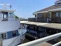 Front of a ferry docked at the Fire Island ferry terminal in Bay Shore