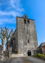 Front of fortified church of Saint-Julien, Nespouls, Correze, Limousin, France Royalty Free Stock Photo