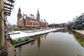 Front frozen Peace Palace garden, International Court of Justice, under the Snow Royalty Free Stock Photo