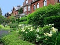 front garden on a residential street with older houses with gables and dormer windows Royalty Free Stock Photo