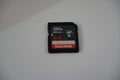 Front of 64 GB SanDisk SD memory card on white isolated background. Sandisk Ultra Micro SD card adapter is used for camera and