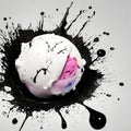 In front of a gray background, a multi-colored ice cream ball in a splash of black food coloring.