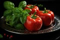 FRONT GREEN PEPER VIEW ON THE BLACK PLATE RED TOMATO AND GREE Royalty Free Stock Photo