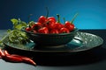 FRONT GREEN PEPER VIEW ON THE BLACK PLATE RED TOMATO AND GREE Royalty Free Stock Photo