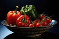 FRONT GREEN PEPER VIEW ON THE BLACK PLATE RED TOMATO AND GREE Royalty Free Stock Photo