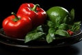 FRONT GREEN PEPER VIEW ON THE BLACK PLATE RED TOMATO AND GREE Royalty Free Stock Photo