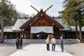 Front of the Hokkaido Shrine Hokkaido Jingu with tourists in winter in Sapporo. Hokkaido, Japan