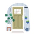 Front house door outside. Closed home entrance exterior with glass, potted plants, lamp. Cosy doorway facade from street Royalty Free Stock Photo