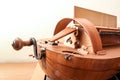 Front of a Hurdy-gurdy, historic musical instrument with strings, keys and crank handle, often used for medieval music