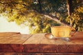 Front image of coffee cup over wooden table and autumn leaves in front of forest background . retro style image Royalty Free Stock Photo