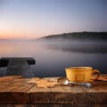 Front image of coffee cup over wooden table in front of calm foggy lake view at sunset