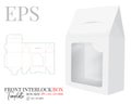 Front interlock Box with window, vector, template with die cut / laser cut lines. White, clear, blank, isolated Gift Box mock up Royalty Free Stock Photo